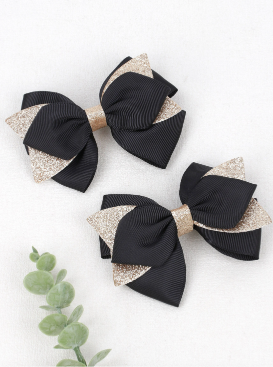 ganchos de cabelo, acessórios elegantes, laços pretos, estilo infantil, acessórios de cabelo para meninas, moda infantil, glitter dourado, acessórios de festa, presente para meninas
