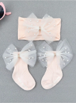 conjunto bebé, meias bebé pérolas, faixa bebé, acessórios bebé elegantes, roupa bebé ocasiões especiais, conjunto meias faixa bebé, presente bebé, moda bebé, acessórios bebé rosa, elegância infantil