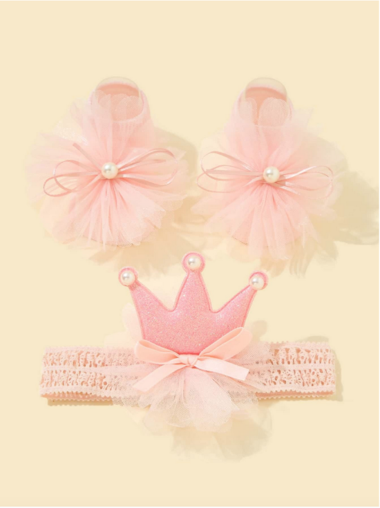 conjunto princesa, meias com coroa, faixa de tule, acessórios infantis elegantes, presente para bebê, estilo infantil, moda bebê, roupa de princesa, conforto infantil, acessórios de alta qualidade para bebês