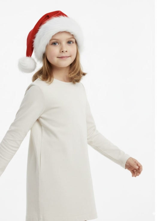 Menina a sorrir com gorro de Pai Natal de pelúcia vermelho e branco