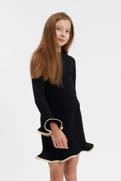 Vestido preto elegante para menina Liza com folho dourado na bainha