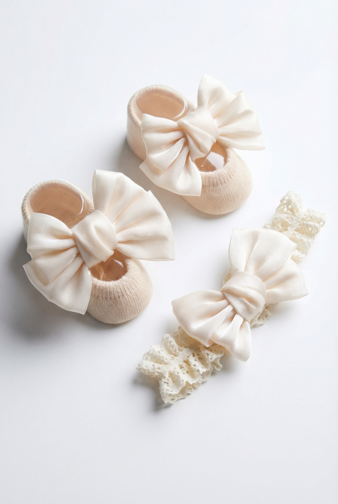 conjunto bebé luxo, meias antiderrapantes bebé, faixa cabelo bebé renda, acessórios batizado menina, moda infantil portugal, presente recém-nascido