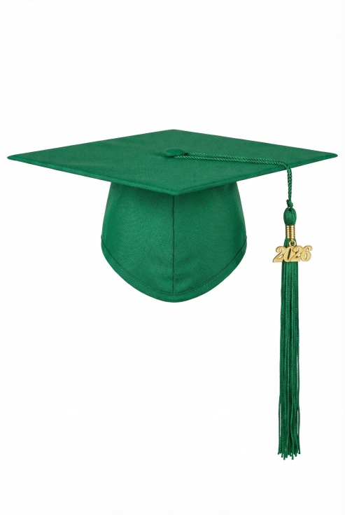 Capelo de graduação verde 2026 com borla e pendente dourado