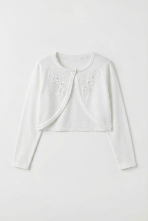 bolero cerimonial infantil, bolero para meninas, roupa de comunhão, bolero branco marfim, roupa para batizado, roupa cerimonial infantil, moda infantil elegante, bolero com detalhes em pérolas, bolero para eventos especiais