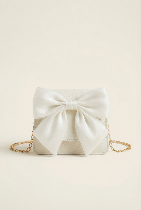 mala branca para menina, mala infantil elegante, mala com laço, mala com corrente dourada, acessórios para festas infantis, mala para cerimónias, presente para menina, moda infantil elegante