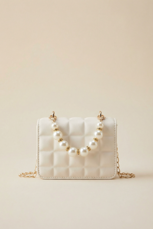 mala pérola para menina, acessório elegante infantil, mala clássica para menina, moda infantil, presente para menina, mala com pérolas, mala acolchoada branca, acessório de moda para crianças