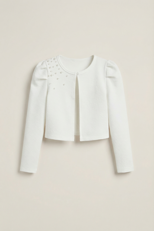 Bolero Giorgia infantil, bolero com pérolas, bolero ecru para meninas, roupa elegante infantil, bolero cerimônia criança, moda infantil formal, bolero elegante menina, bolero confortável criança, bolero para meninas 8-12 anos, acessório de moda infantil