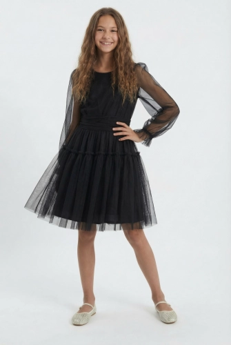 Holly vestido preto de tule para menina com mangas compridas