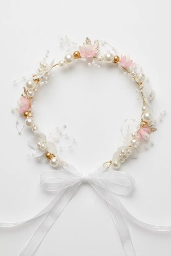 Fita de cabelo menina com flores e pérolas em rosa