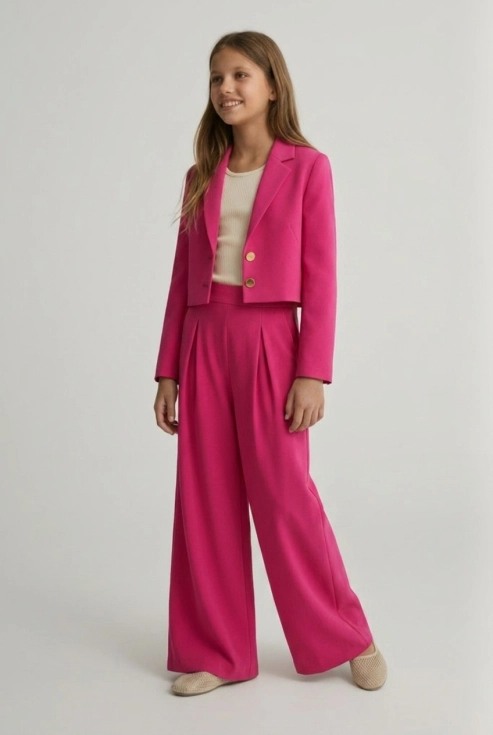 conjunto elegante para menina Emi fúcsia, top com mangas em tule e saia, traje Crisma