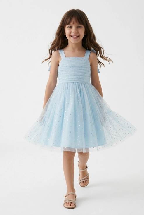 vestido azul claro menina, vestido cerimónia com laços, vestido Rina azul, vestido convidada casamento, vestido batizado menina, vestido elegante menina