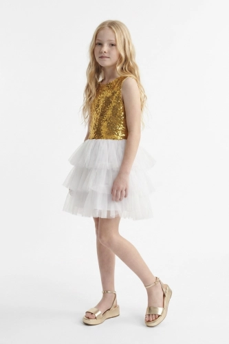 Vestido de Cerimónia Riva Branco e Dourado com Lantejoulas para Menina – Casamentos e Natal