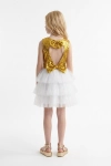 Vestido de cerimónia Riva branco e dourado – costas com decote em gota e dois laços de lantejoulas, saia de tule branco