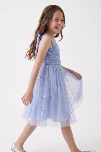 Vestido de Cerimónia Rina Azul-Pervinca com Tule de Pintas Coloridas para Menina – Casamentos