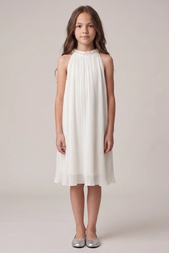 Vestido de Cerimónia Rozalia Branco Plissado com Decote Halter para Menina – Comunhão