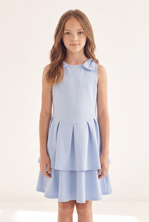Vestido de cerimónia Harper azul-claro para menina, sem mangas, com laços nos ombros – vista de frente