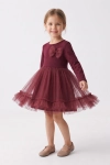Vestido de cerimónia Iga bordô – vista de frente, saia rodada de tule com folhos