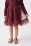 Vestido de cerimónia Iga bordô – frente da saia de tule com folho na bainha