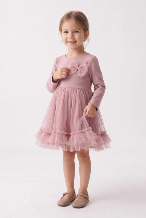 Vestido de cerimónia Iga rosa para menina, com saia de tule, folho e laço – silhueta completa de frente