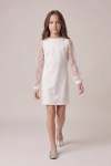 Vestido de cerimónia Vivienne branco para menina, com mangas de tule e lantejoulas – silhueta completa em movimento, vista de frente