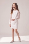 Vestido de cerimónia Vivienne branco – mangas amplas de tule com lantejoulas e punhos franzidos, vista de frente