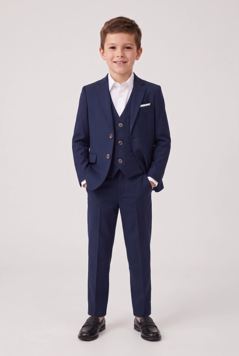 Fato de cerimónia Liam azul-marinho para menino – blazer, colete e calças, silhueta completa de frente