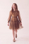 Vestido de cerimónia Holly com padrão leopardo – mangas compridas de tule e faixa franzida, silhueta de frente