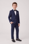 Fato de cerimónia Sam azul-marinho para menino, com blazer, calças e laço – vista de frente, silhueta completa