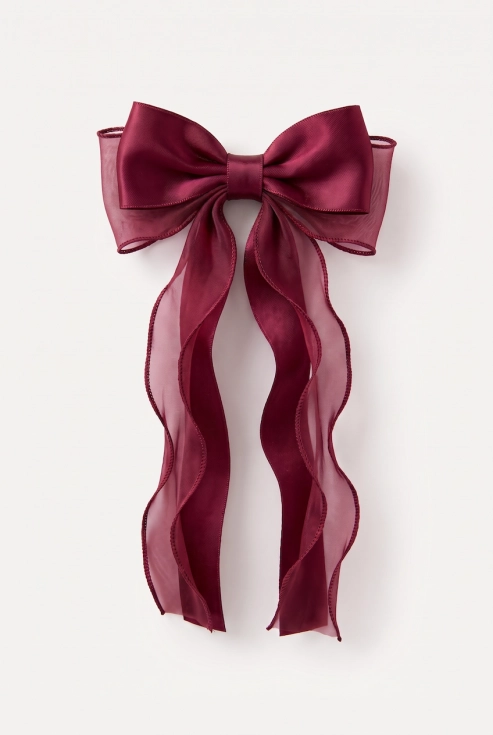 Mola de cabelo com laço bordô para menina, em cetim e organza – vista de frente, fundo branco