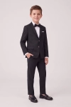 Fato de cerimónia Sam preto com blazer, calças e laço – menino de frente, silhueta completa